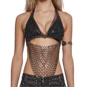 Dolls Kill Gunmetal Chainmail Halter Crop Top